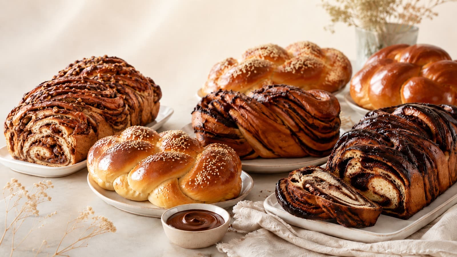 Babka chocolat et hallot maison sur une table lumineuse